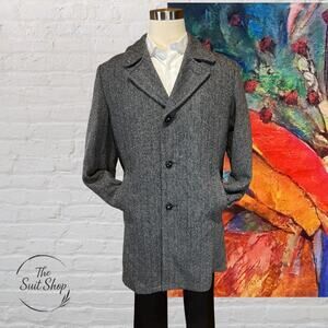 Botany 500 Mens 42L Gray Herringbone Tweed Walking TopCoat Warm Faux Fur Lining